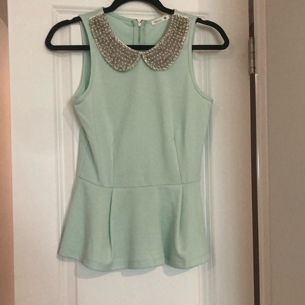 Soprano Mint Green Sleeveless Top with Embellished Collar Small